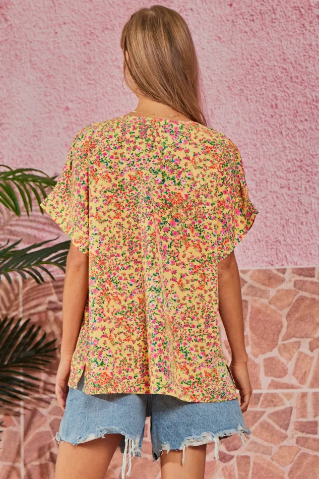 ANDREE BY UNIT V NECKLINE DOLMAN SLEEVE FLORAL PRINTED TOP MARIGOLD Rings