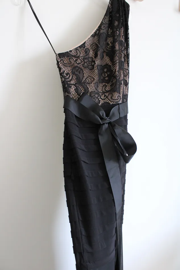 BA Necklaces BA Black Lace One Shoulder Layered Formal Dress 4 Petite