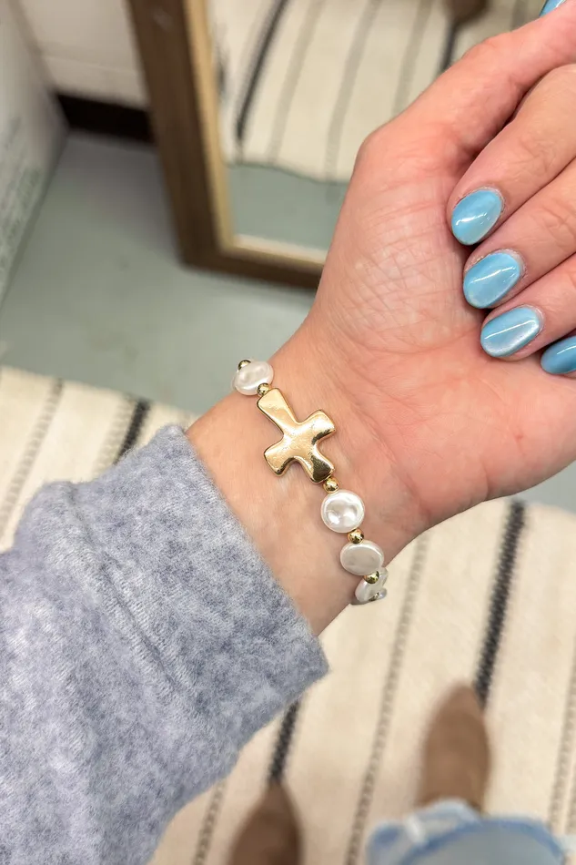 Bracelets Golden Stella Cross Disk Pearl Stretchy Bracelet