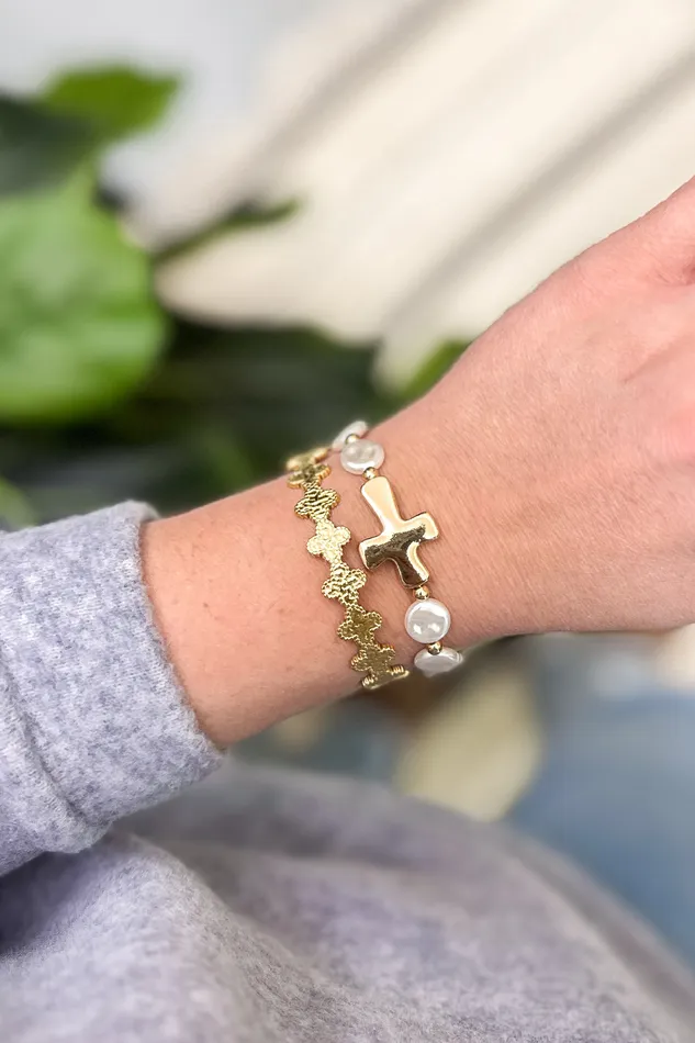 Bracelets Golden Stella Cross Disk Pearl Stretchy Bracelet Bracelets Golden Stella Cross Disk Pearl Stretchy Bracelet