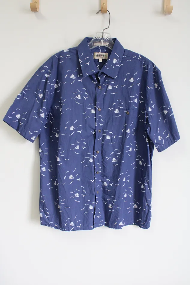 Campia Moda Rings Campia Moda Blue Seagull Print Button Down Shirt L