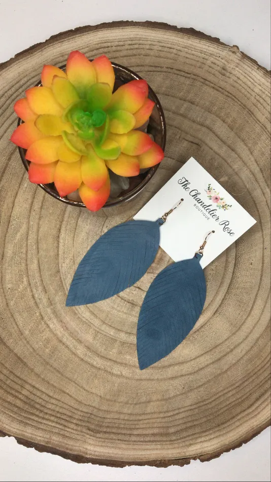 Earrings Genuine Leather Leaf Earrings DENIM The Chandelier Rose Boutique