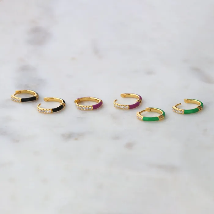 Earrings Kris Nations Gilded Enamel Crystal Huggie Hoop Earrings