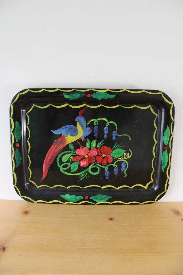 Hand Painted Floral Bird Black Metal Platter Jubilee Thrift Rings