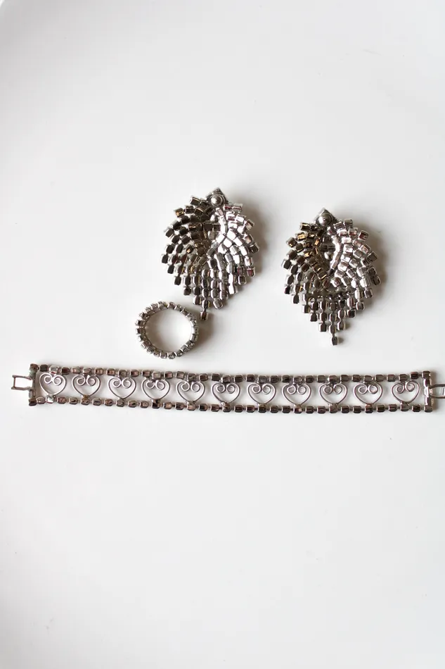 Jubilee Thrift Bracelets Clear Crystal Silver Vintage Earring Bracelet Ring Set