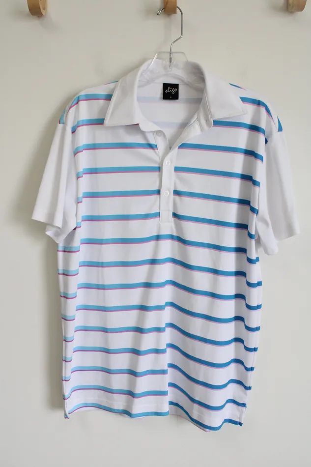 Jubilee Thrift Rings White Blue Pink Striped Polo Shirt M
