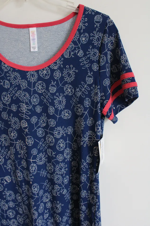 LuLaRoe Rings NEW LuLaRoe Blue White Patterned Pink Edged Classic Tee XS