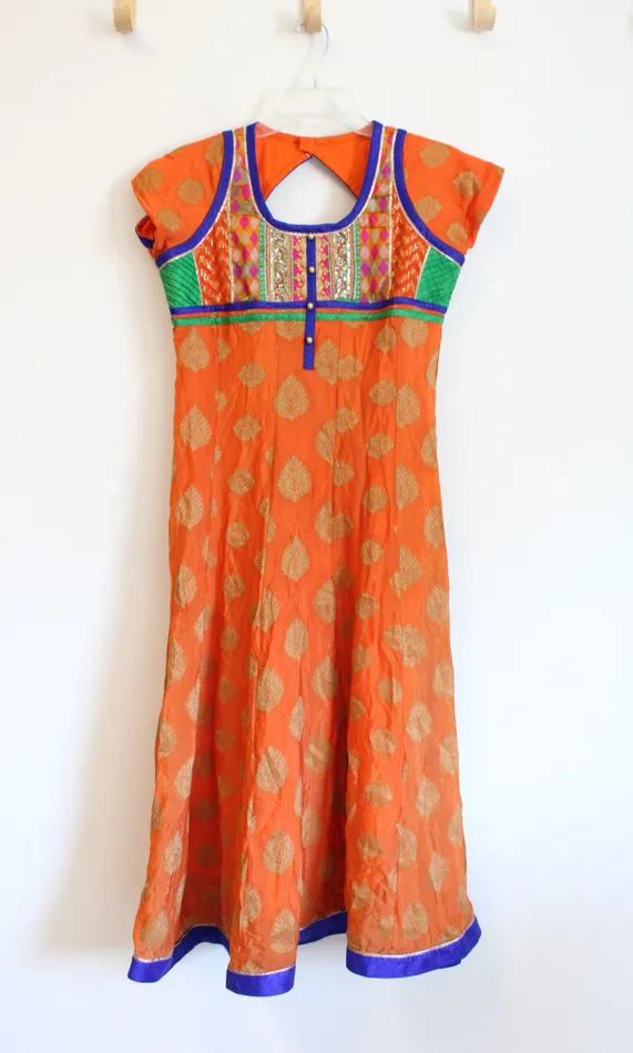Rings Gold Leaf Patterned Blue Green Edged Orange Dress Jubilee Thrift