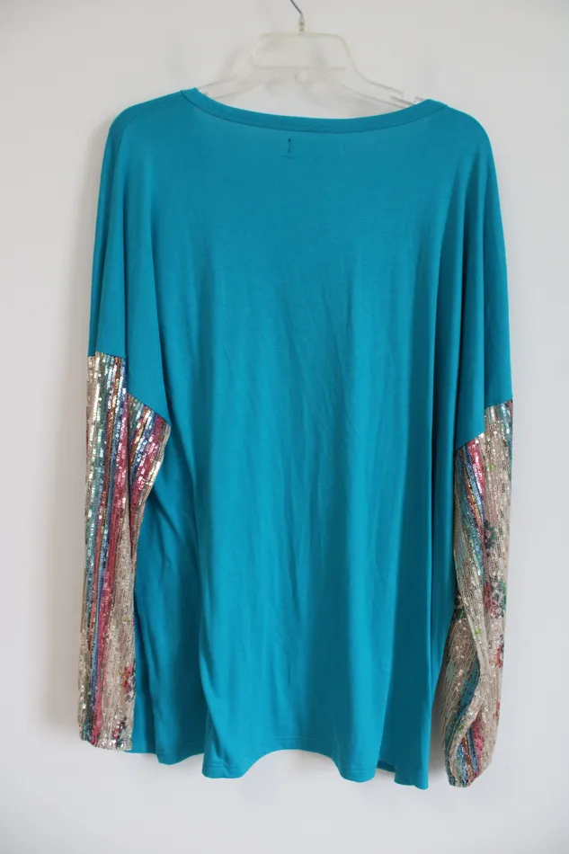 Rings Lucky Blessed NEW Lucky Blessed Blue Sequined Sleeved Top XL