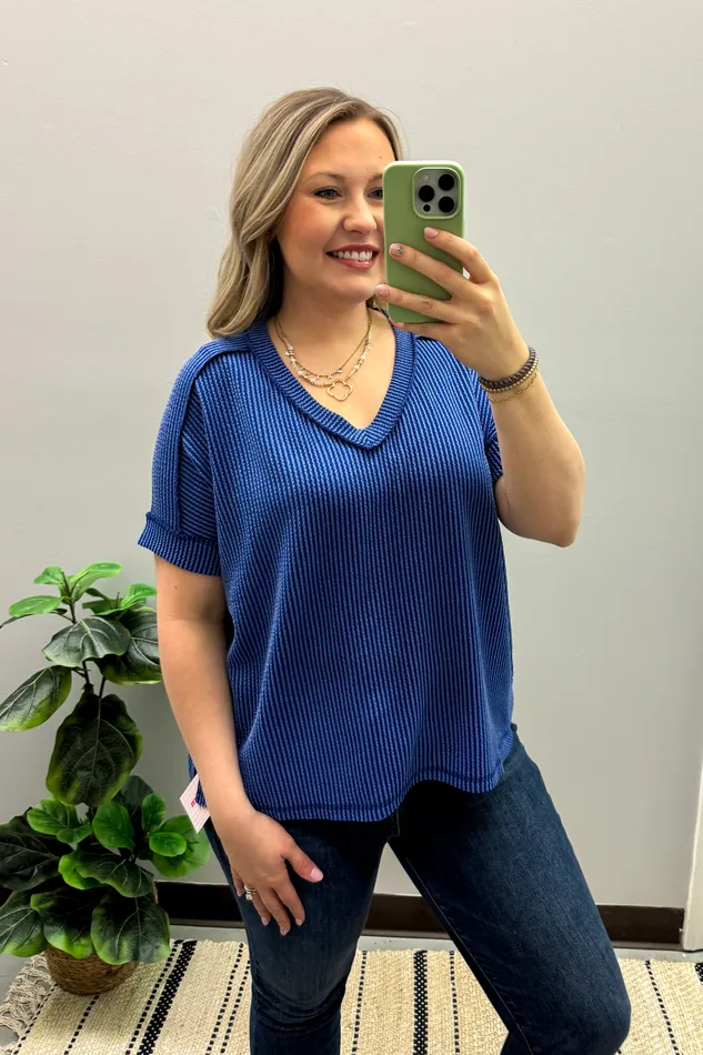 Rings Teri VNeck Ribbed Top Classic Blue Zenana
