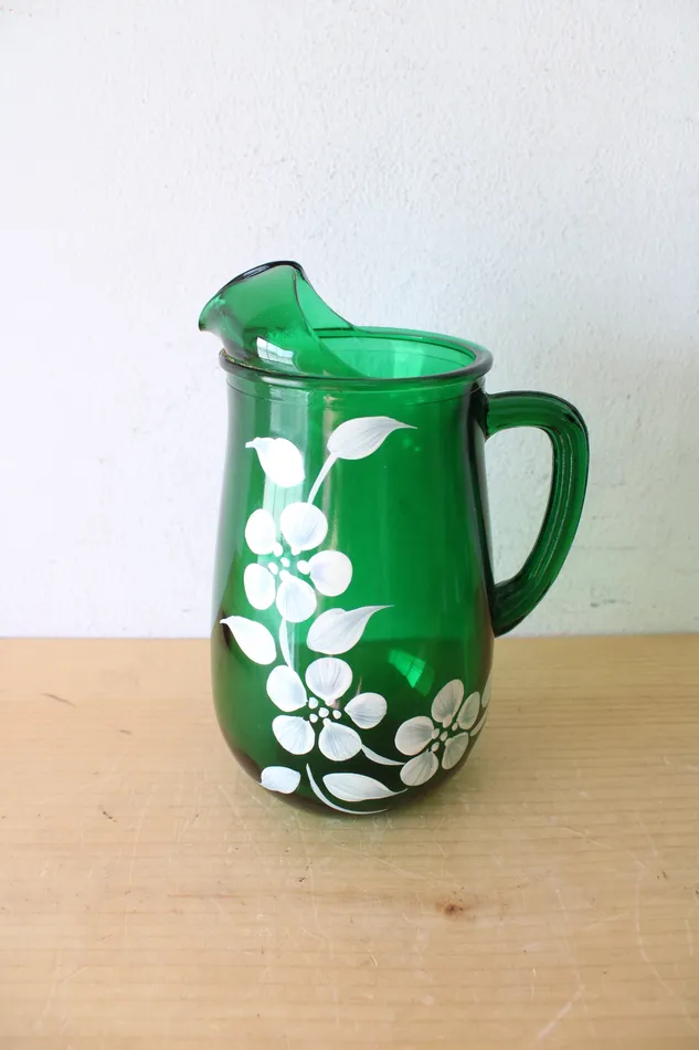 Rings Vintage Emerald Green Hand Painted Floral Glass Pitcher Cups Set Of 7 Jubilee Thrift