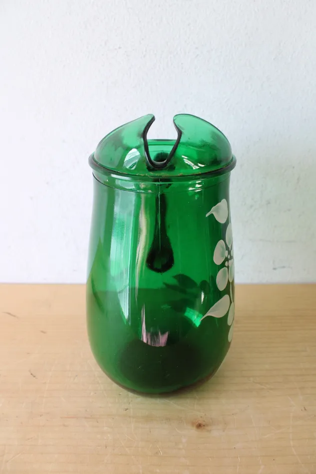 Rings Vintage Emerald Green Hand Painted Floral Glass Pitcher Cups Set Of 7 Jubilee Thrift
