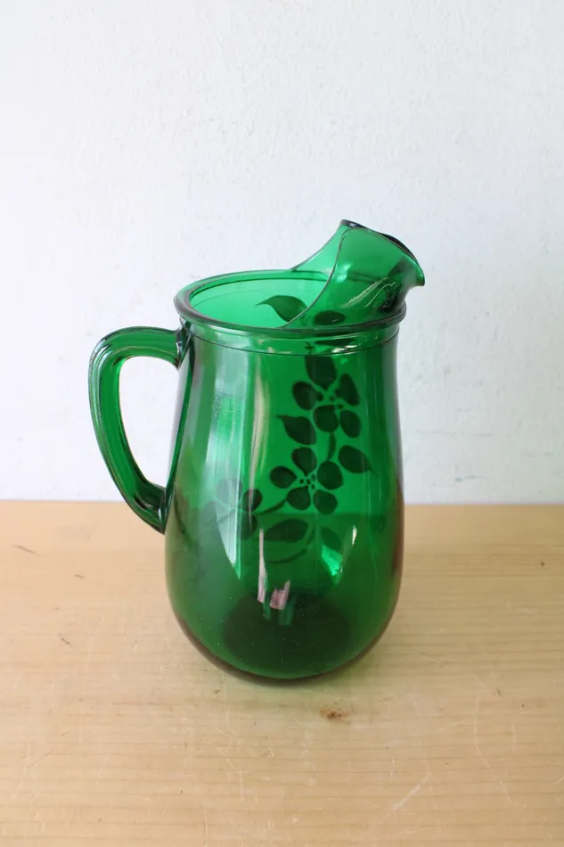 Rings Vintage Emerald Green Hand Painted Floral Glass Pitcher Cups Set Of 7 Jubilee Thrift