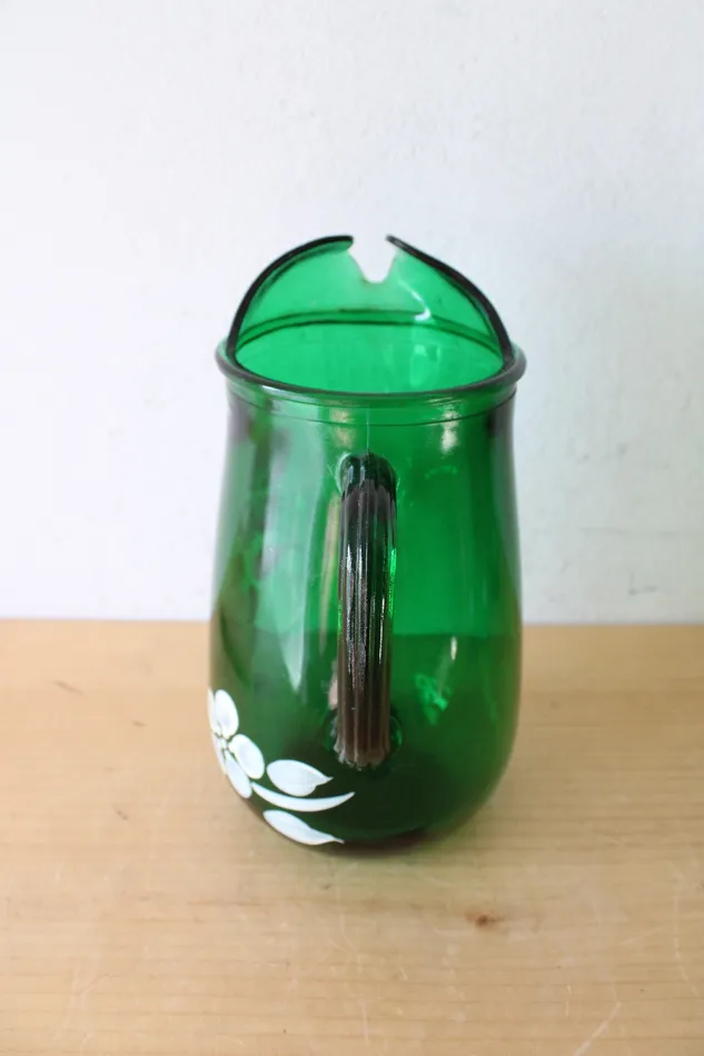 Rings Vintage Emerald Green Hand Painted Floral Glass Pitcher Cups Set Of 7 Jubilee Thrift