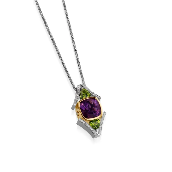 Signature Amethyst Peridot and Pave Diamond Pendant Necklace John Atencio Necklaces
