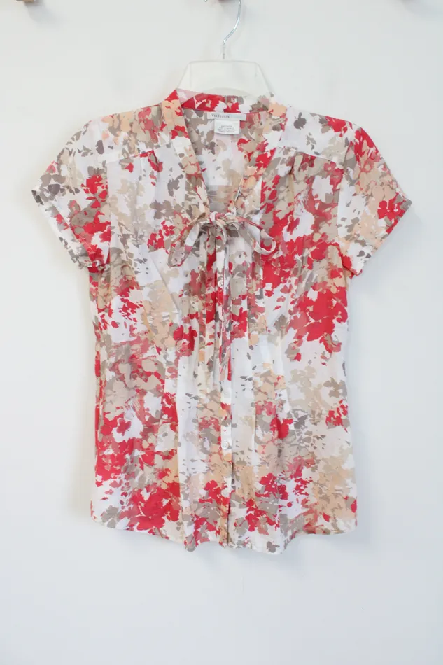 Van Heusen Red Tan Patterned Tied Button Down Top XS Van Heusen Earrings