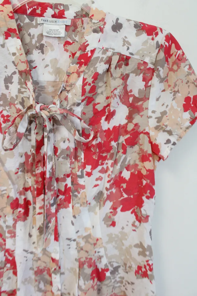 Van Heusen Red Tan Patterned Tied Button Down Top XS Van Heusen Earrings