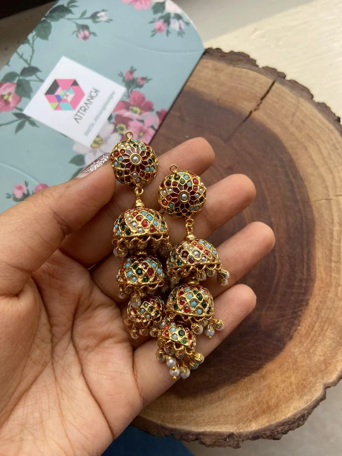 Attrangi Earrings Sona Moti 3 layer Jhumkas
