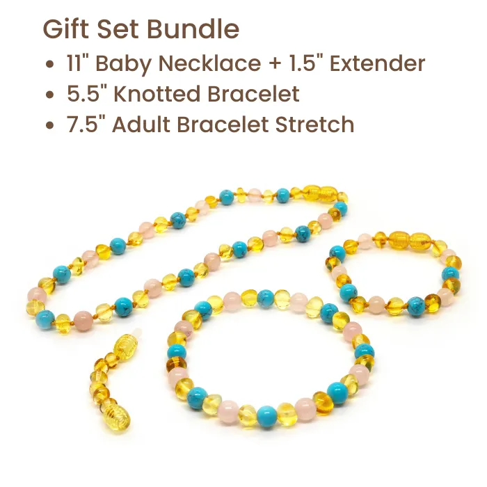 Baltic Essentials Necklaces Baltic Amber Teething Necklace Honey Amber Pink Rose Quartz Turquoise Bundle