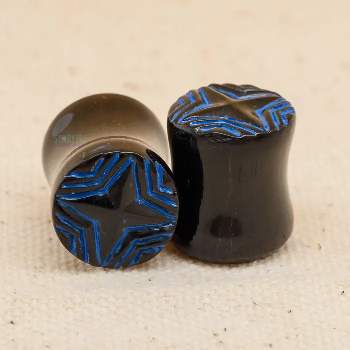 DoubleFlared Horn Plugs Blue Lacquer Inlay 12 Flaming Bones by Borneo Joe Rings DoubleFlared Horn Plugs Blue Lacquer Inlay 12 Flaming Bones by Borneo Joe Rings