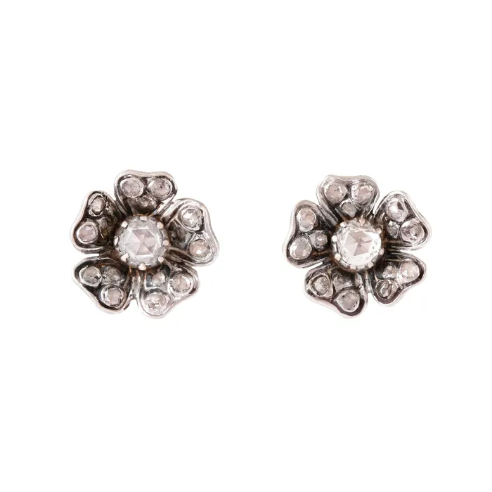 Earrings Antique Victorian Rose Cut Diamond Silver and 18k Gold Flower Earrings Earrings Antique Victorian Rose Cut Diamond Silver and 18k Gold Flower Earrings