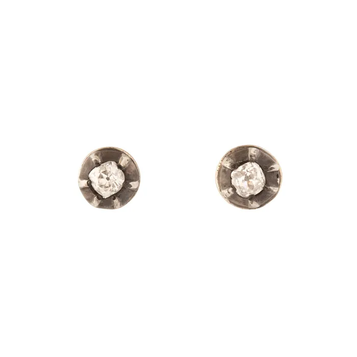 Earrings Old Mine Cut Diamond Silver and 14K Gold Stud Earrings Vintage