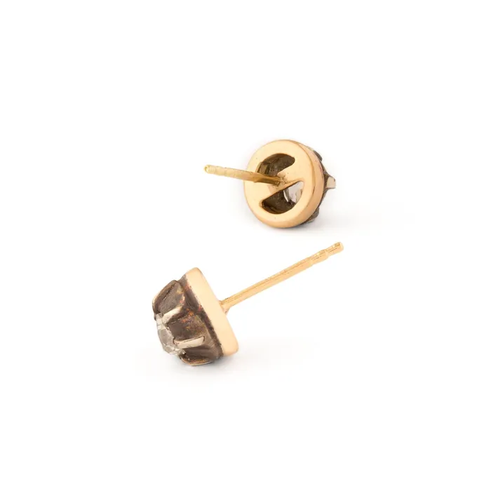 Earrings Old Mine Cut Diamond Silver and 14K Gold Stud Earrings Vintage