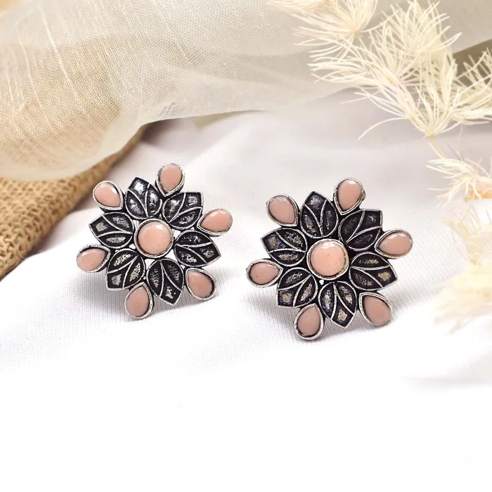 Earrings Teejh Teejh Aashini Salmon Pink Stone Silver Oxidised Earring