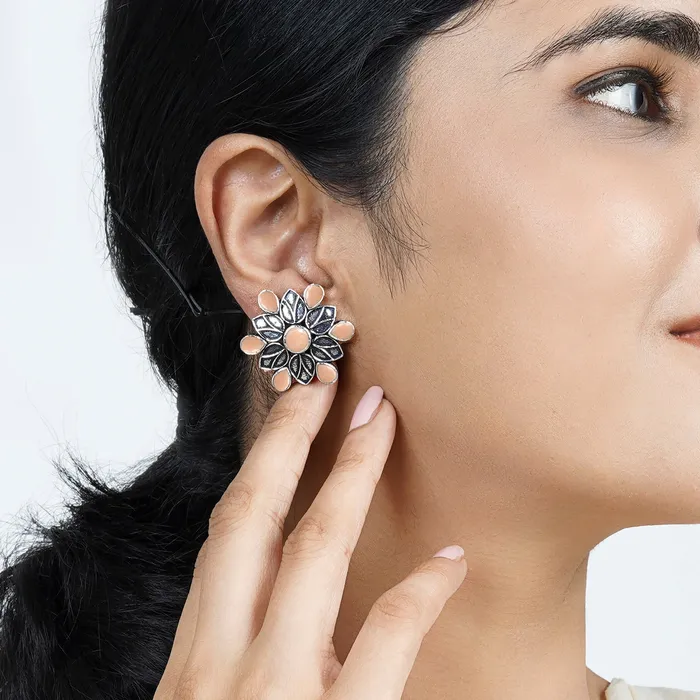 Earrings Teejh Teejh Aashini Salmon Pink Stone Silver Oxidised Earring Earrings Teejh Teejh Aashini Salmon Pink Stone Silver Oxidised Earring
