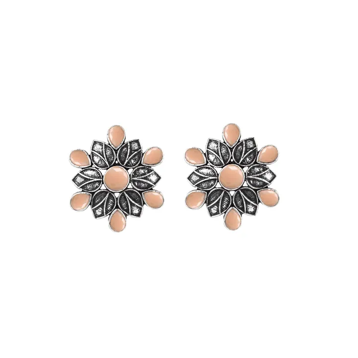 Earrings Teejh Teejh Aashini Salmon Pink Stone Silver Oxidised Earring Earrings Teejh Teejh Aashini Salmon Pink Stone Silver Oxidised Earring