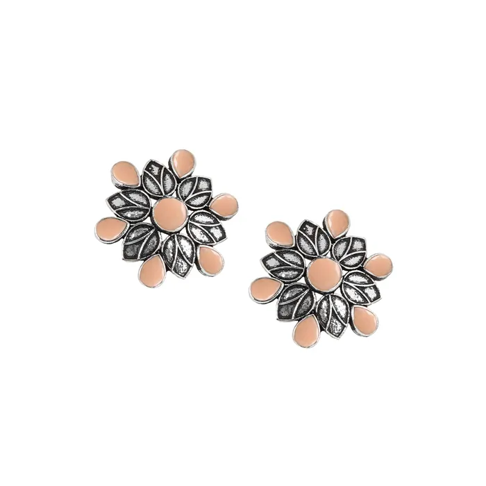 Earrings Teejh Teejh Aashini Salmon Pink Stone Silver Oxidised Earring Earrings Teejh Teejh Aashini Salmon Pink Stone Silver Oxidised Earring