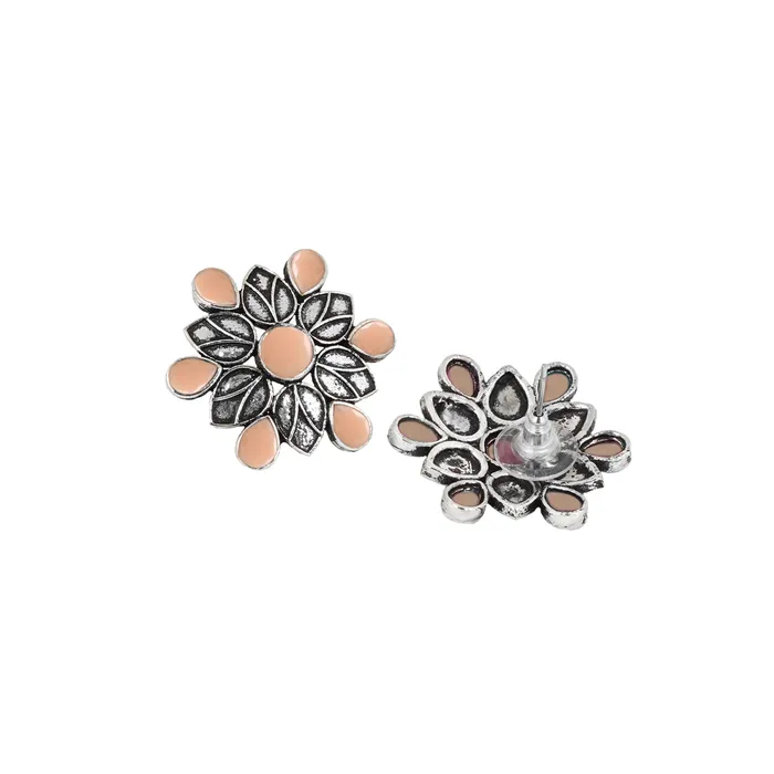 Earrings Teejh Teejh Aashini Salmon Pink Stone Silver Oxidised Earring Earrings Teejh Teejh Aashini Salmon Pink Stone Silver Oxidised Earring