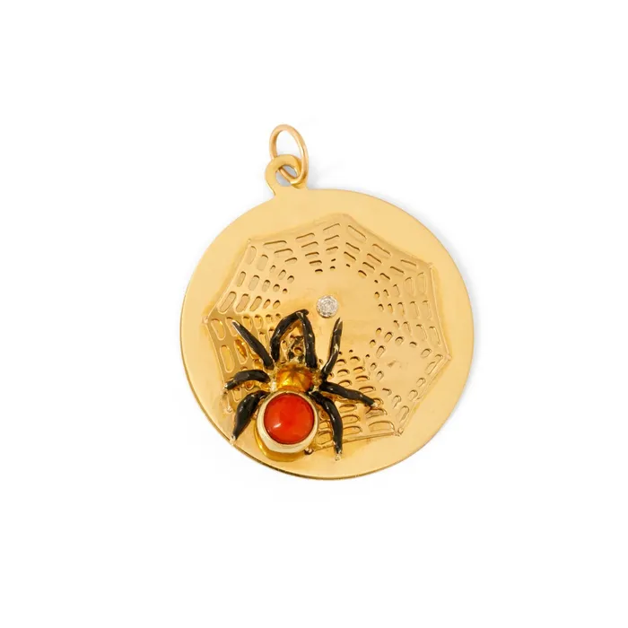 Earrings Vintage Spiderweb Coral Diamond Enamel and 14K Gold Charm