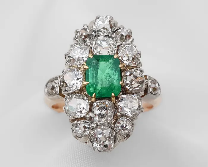 Isadoras A Rings Edwardian Diamond Emerald Navette Ring