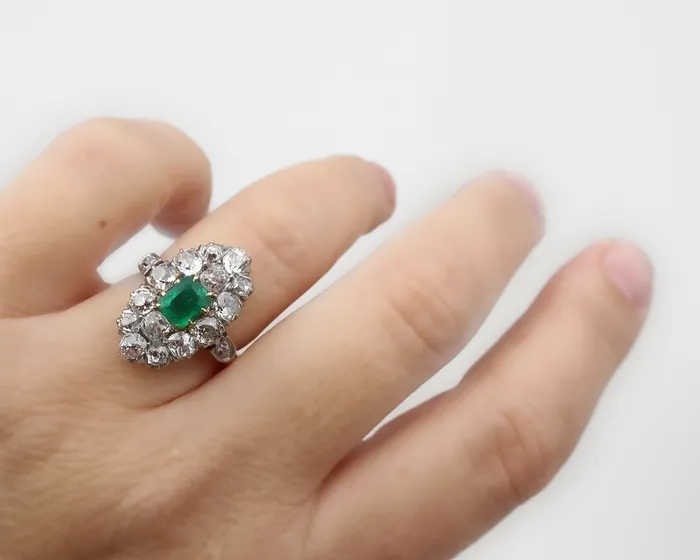 Isadoras A Rings Edwardian Diamond Emerald Navette Ring