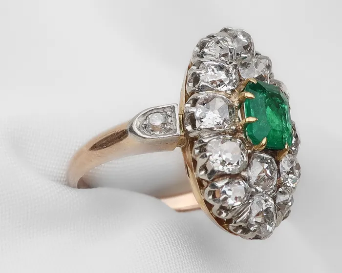 Isadoras A Rings Edwardian Diamond Emerald Navette Ring