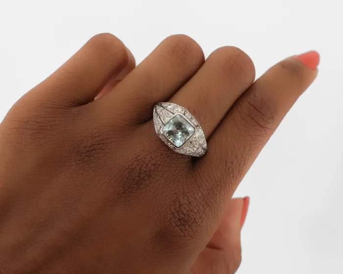 Isadoras LD Rings Art Deco Platinum Aquamarine Ring