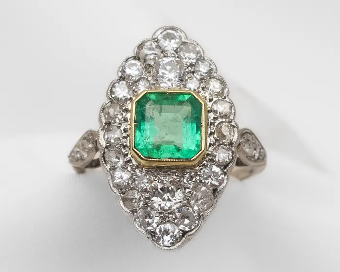Isadoras LD Rings Midcentury Emerald and Diamond Marquis Ring