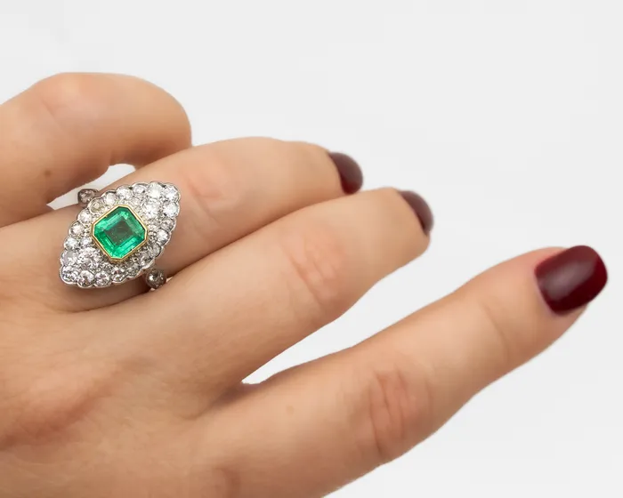 Isadoras LD Rings Midcentury Emerald and Diamond Marquis Ring