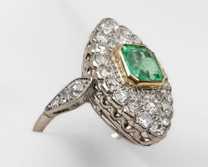 Isadoras LD Rings Midcentury Emerald and Diamond Marquis Ring