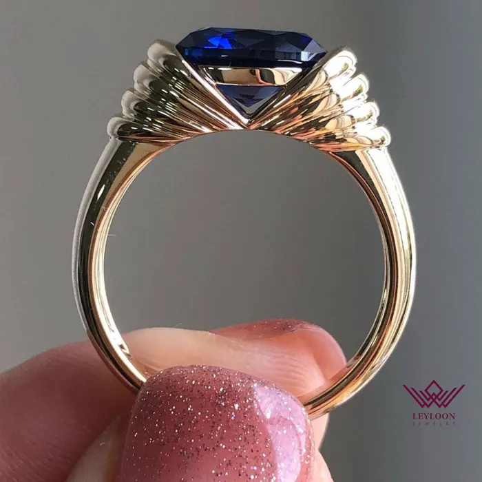 Leyloon Jewelry Rings Oval Cut Blue Color Solitaire Tension Tapered Band VVS Lab Grown Sapphire Ring