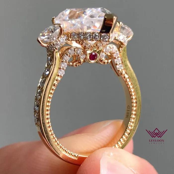 Leyloon Jewelry Rings Pear Cut ThreeStone Halo Tension Bridge Accent Bead set D Color Moissanite Ring Leyloon Jewelry Rings Pear Cut ThreeStone Halo Tension Bridge Accent Bead set D Color Moissanite Ring
