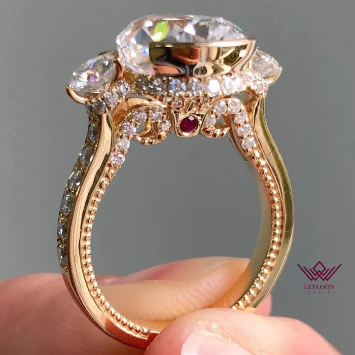Leyloon Jewelry Rings Pear Cut ThreeStone Halo Tension Bridge Accent Bead set D Color Moissanite Ring