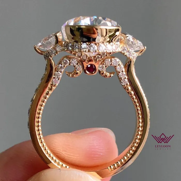 Leyloon Jewelry Rings Pear Cut ThreeStone Halo Tension Bridge Accent Bead set D Color Moissanite Ring