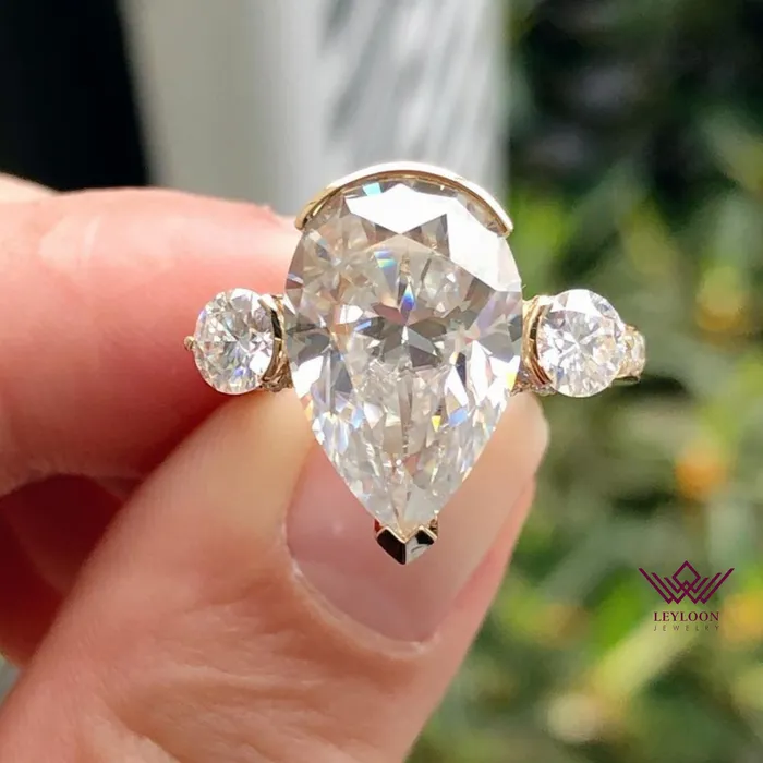 Leyloon Jewelry Rings Pear Cut ThreeStone Halo Tension Bridge Accent Bead set D Color Moissanite Ring
