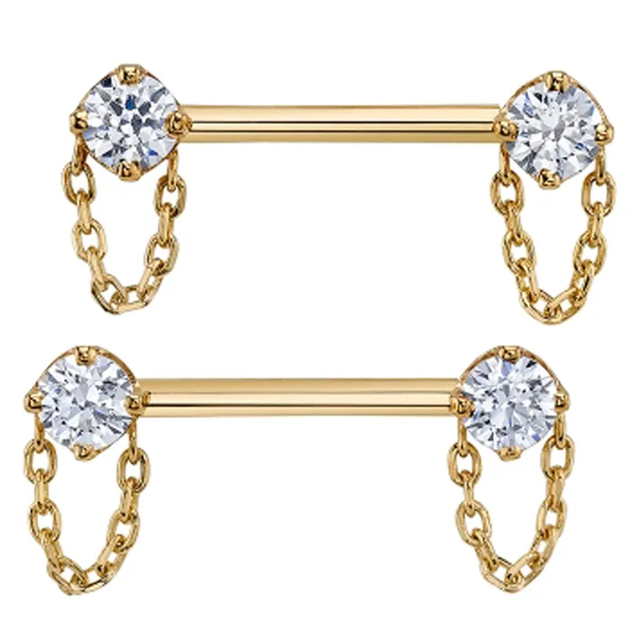 Necklaces Body Vision BVLA Rianna Forward Facing Nipple Barbells With Chains in Gold with White CZs Necklaces Body Vision BVLA Rianna Forward Facing Nipple Barbells With Chains in Gold with White CZs