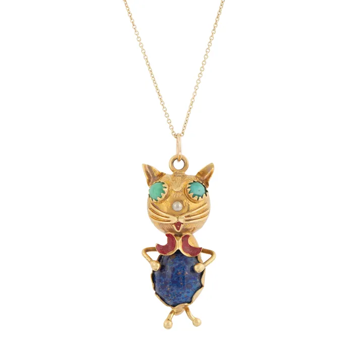 Necklaces Italian Cat Blue Glass And 18k Gold Pendant Necklace Vintage