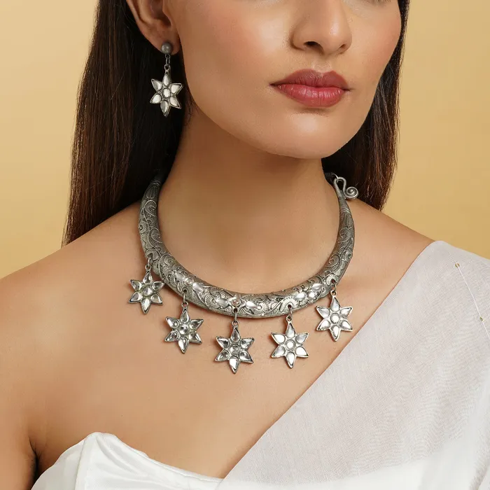 Necklaces Teejh Dravya Silver Oxidised White stone Necklace Set
