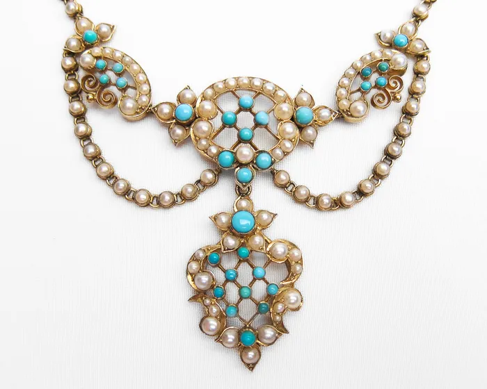 Necklaces Victorian Pearl Turquoise Festoon Necklace Isadoras A