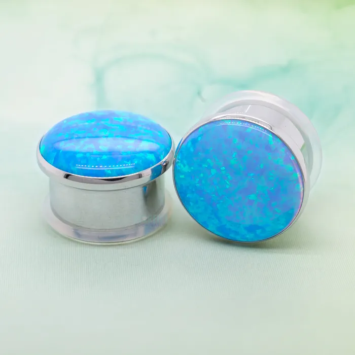 Rings Anatometal Single Gem Plugs Eyelets with Opal Cabochon Light Blue Opal